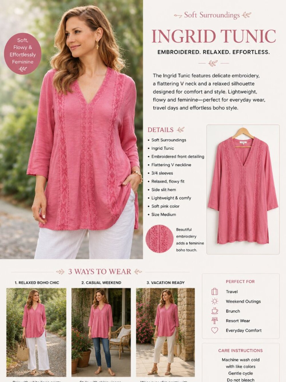 Soft Surroundings Ingrid Tunic Pink Embroidered V Neck Boho Top Relaxed Artsy